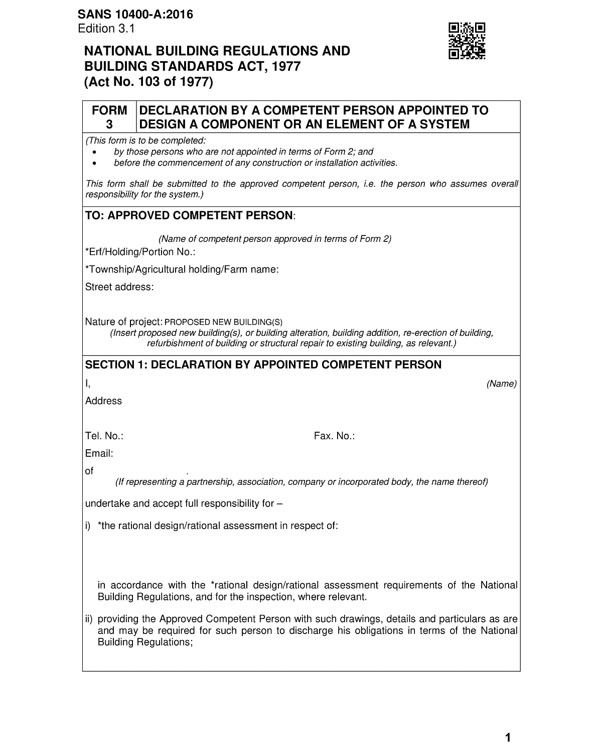 Form 3 - National Building Regulations and Building Standards Page 1