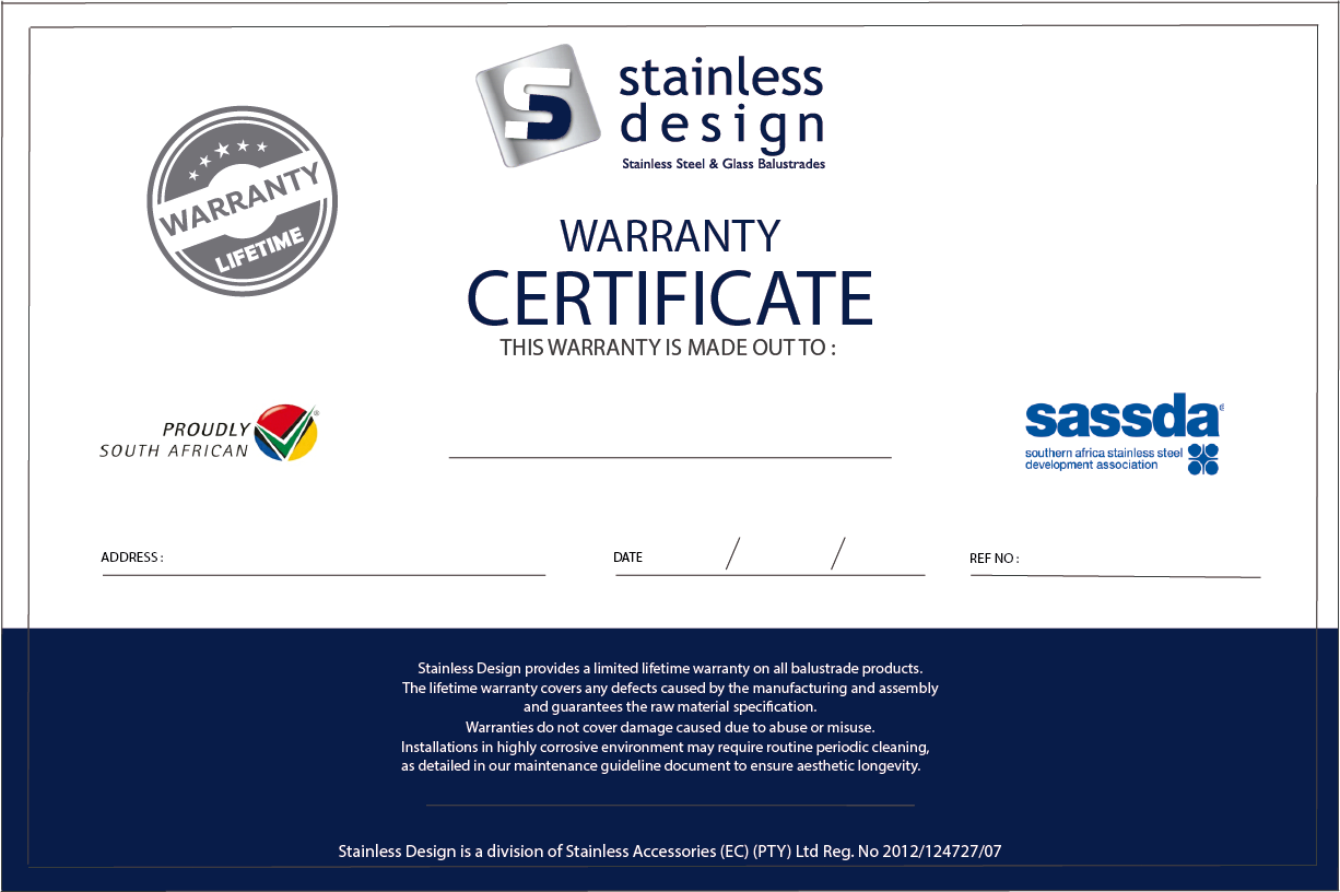 Stainless Design Warranty Certificate