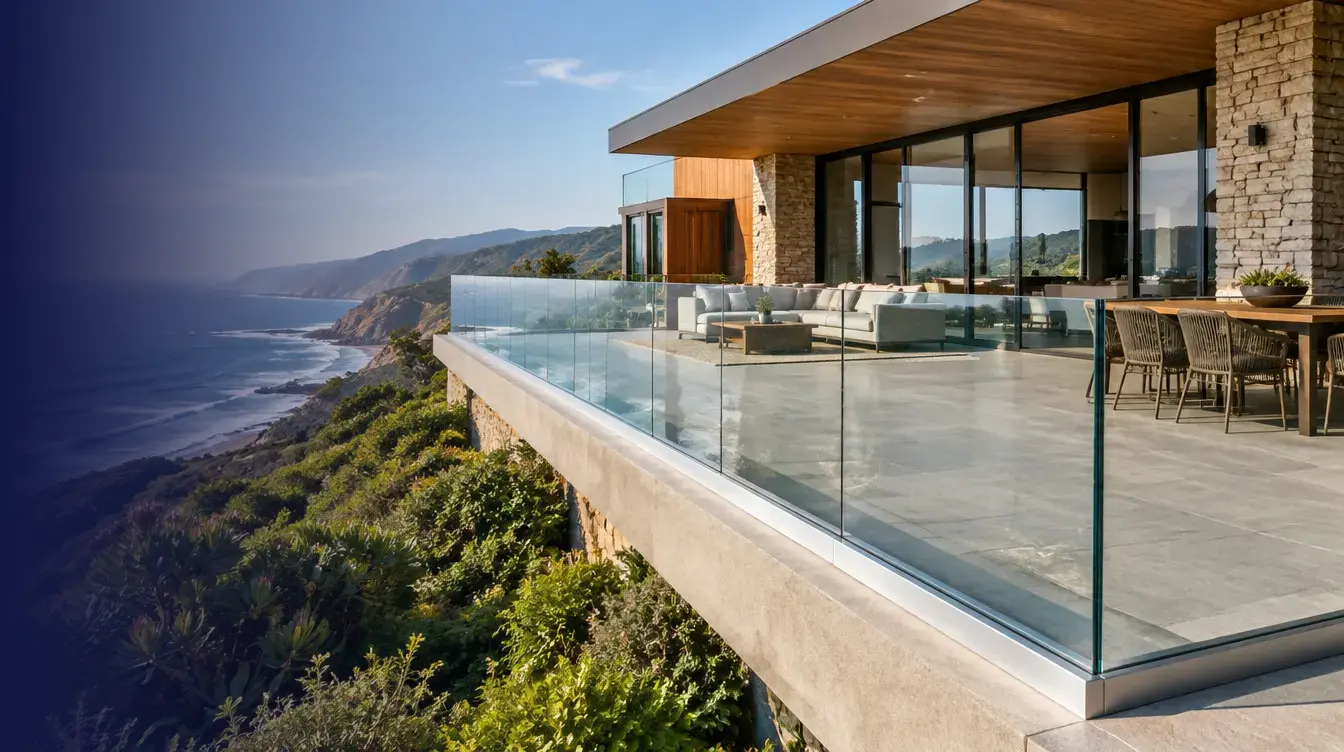 Frameless glass balustrade with continuous aluminium channel at a luxury South African coastal residence