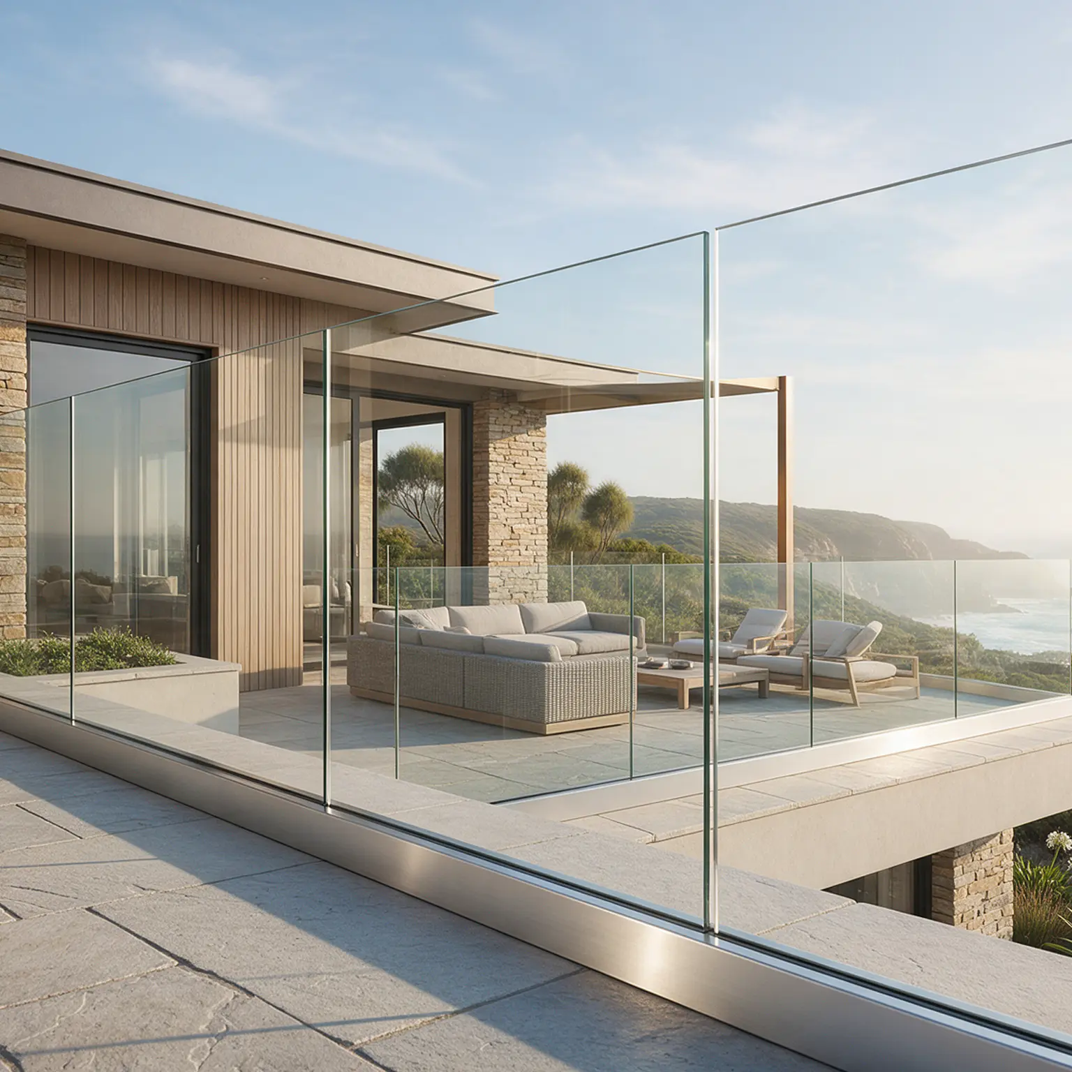 Frameless glass balustrade with continuous aluminium base channel
