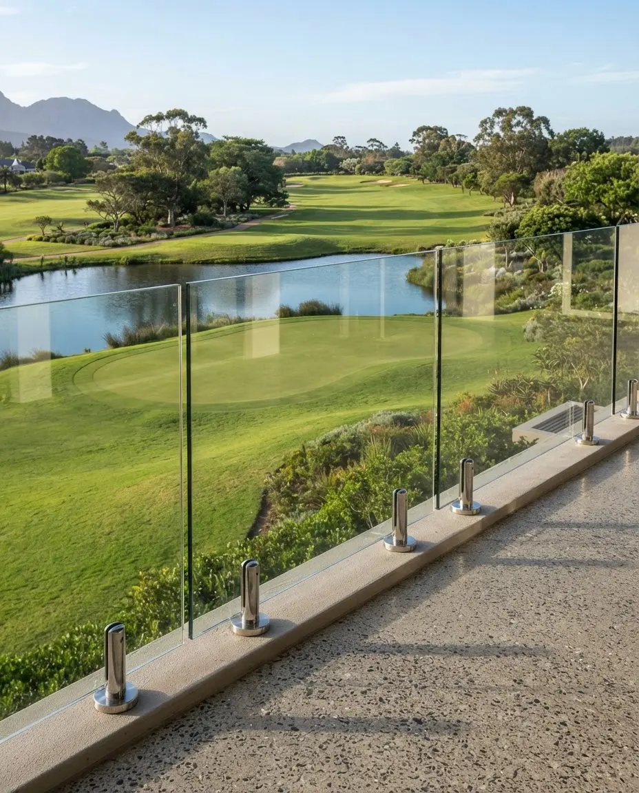 Frameless glass spigot balustrades at a golf estate
