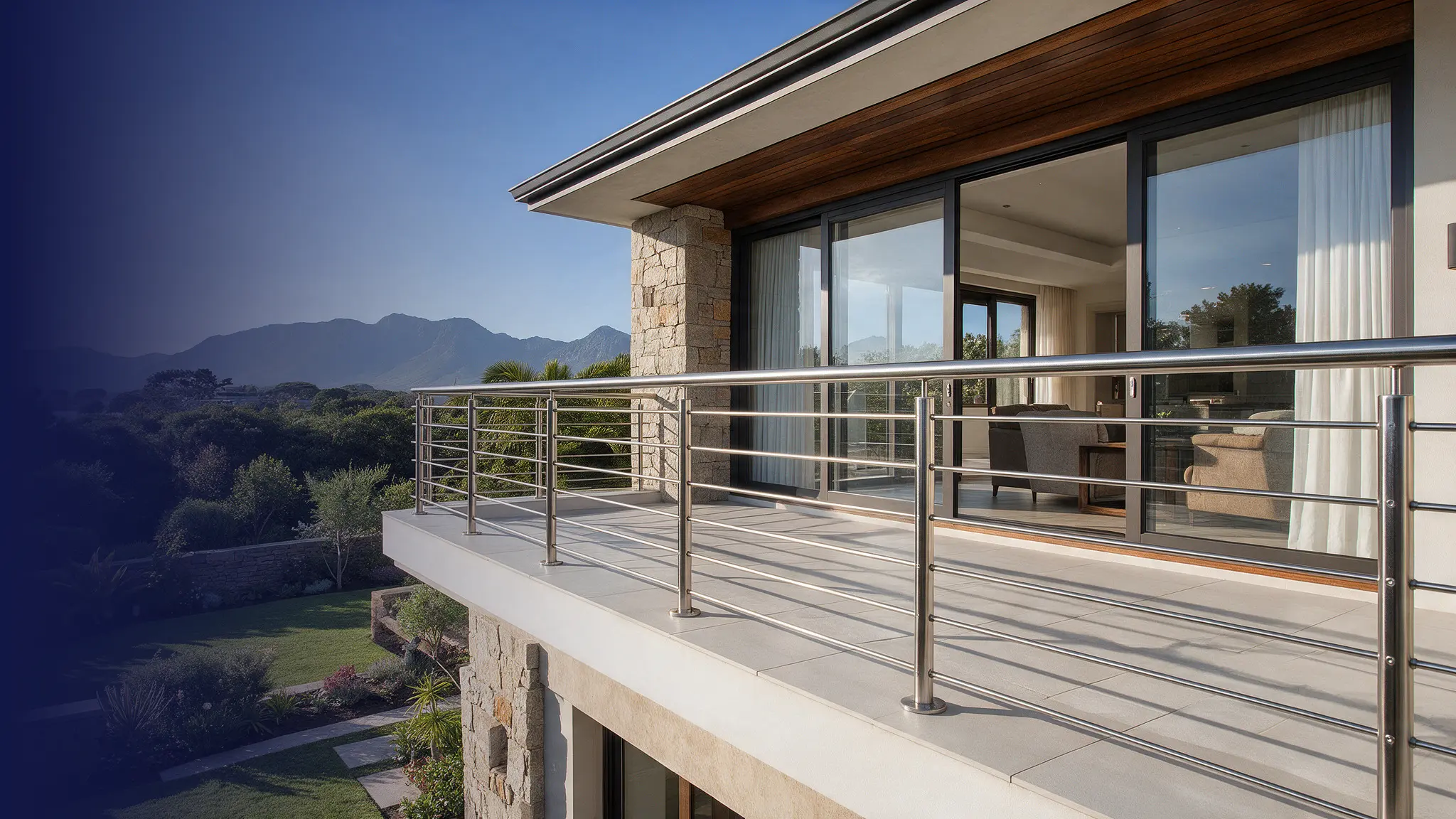 Stainless steel horizontal filler bar balustrades at a contemporary South African residence