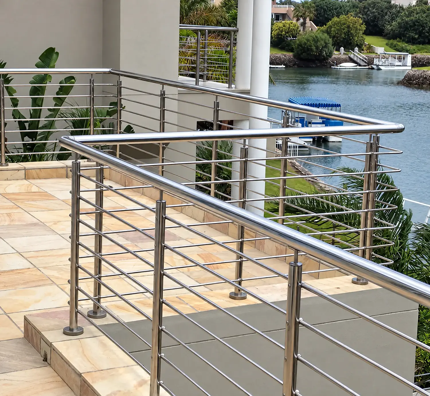 Contemporary horizontal stainless steel filler bar balustrade