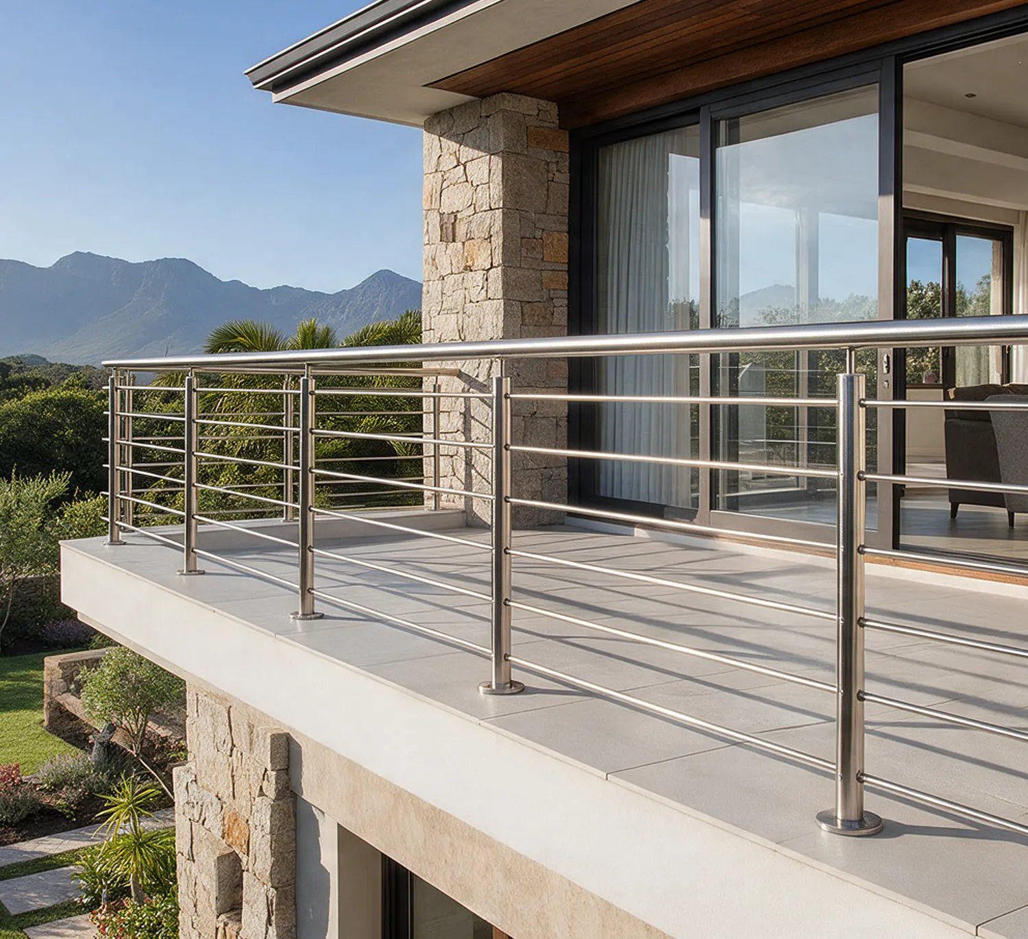 Horizontal filler bar balustrade in brushed matt stainless steel