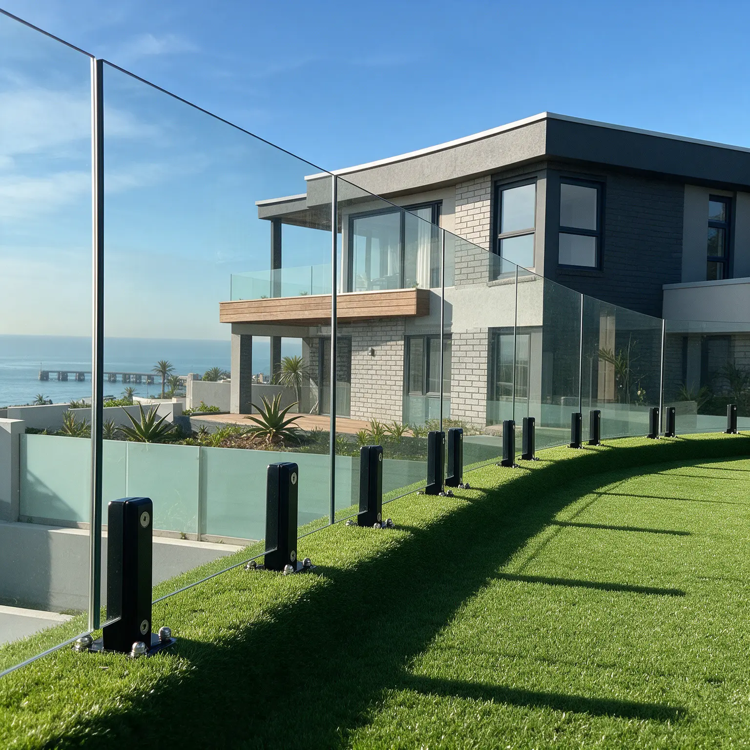 Frameless glass balustrade with square stainless steel spigots