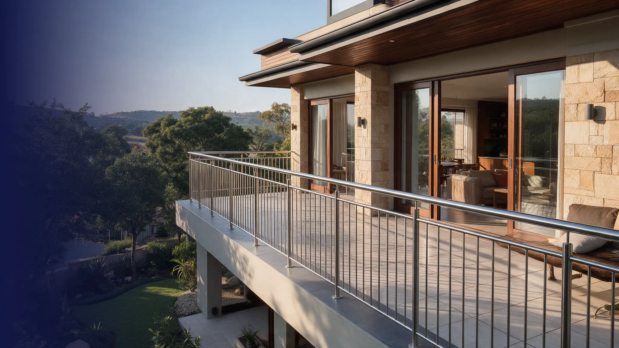 Vertical stainless steel filler bar balustrades at a contemporary residence
