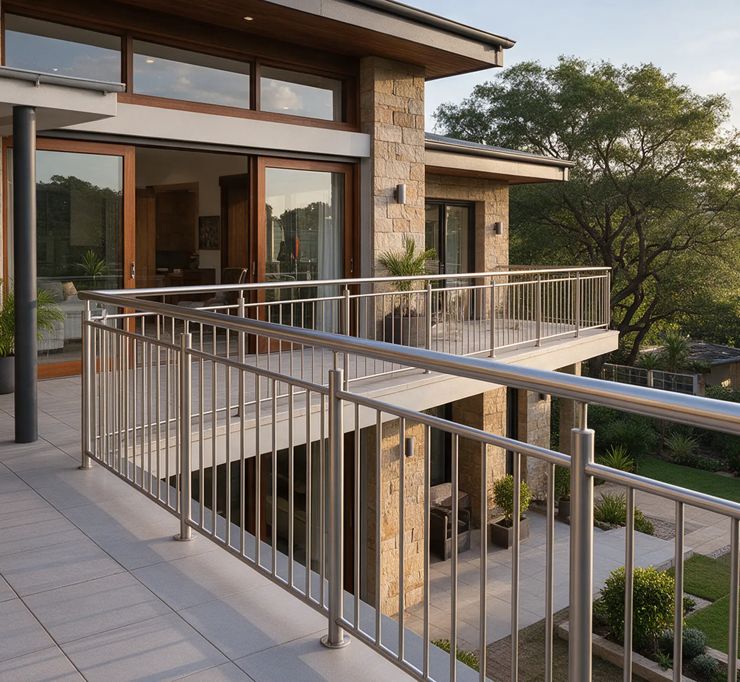 Contemporary stainless steel balustrade with vertical filler bars
